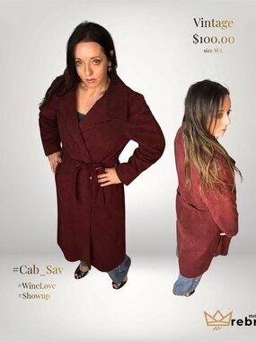Vintage Burgundy Faux Suede Duster Coat Tie Waist Jacket M/L